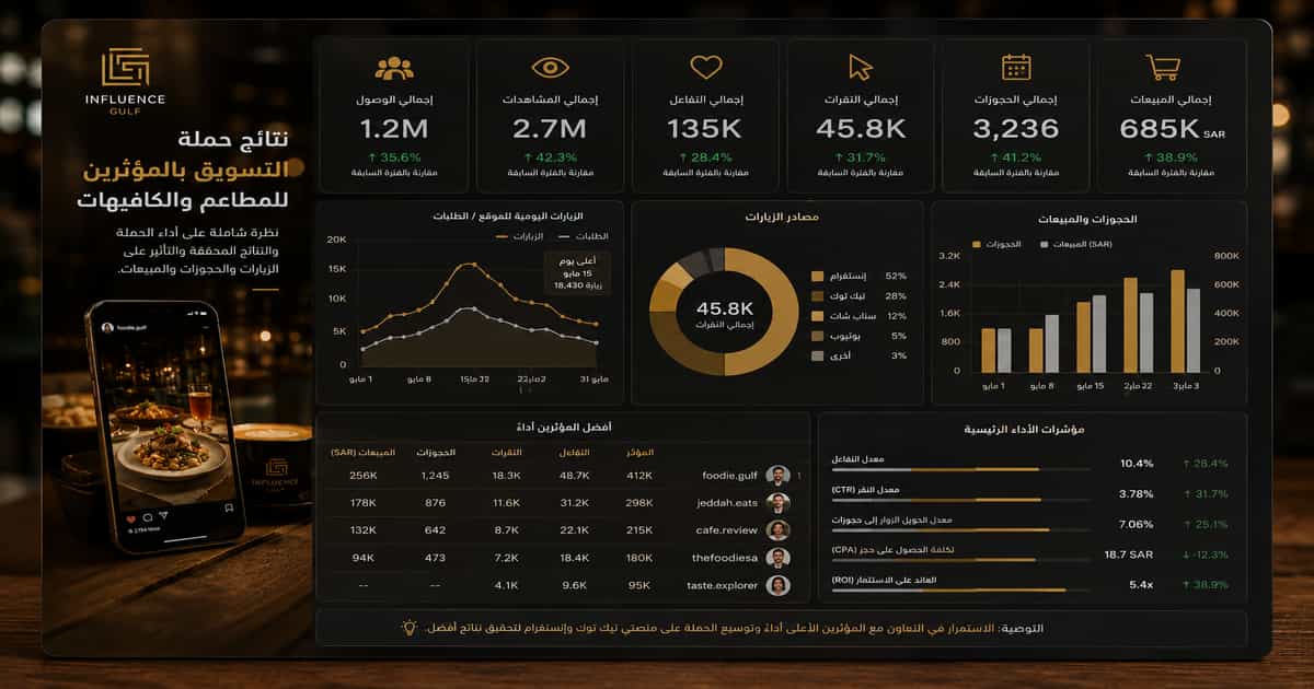 لوحة تحكم تعرض نتائج حملة التسويق بالمؤثرين للمطاعم والكافيهات